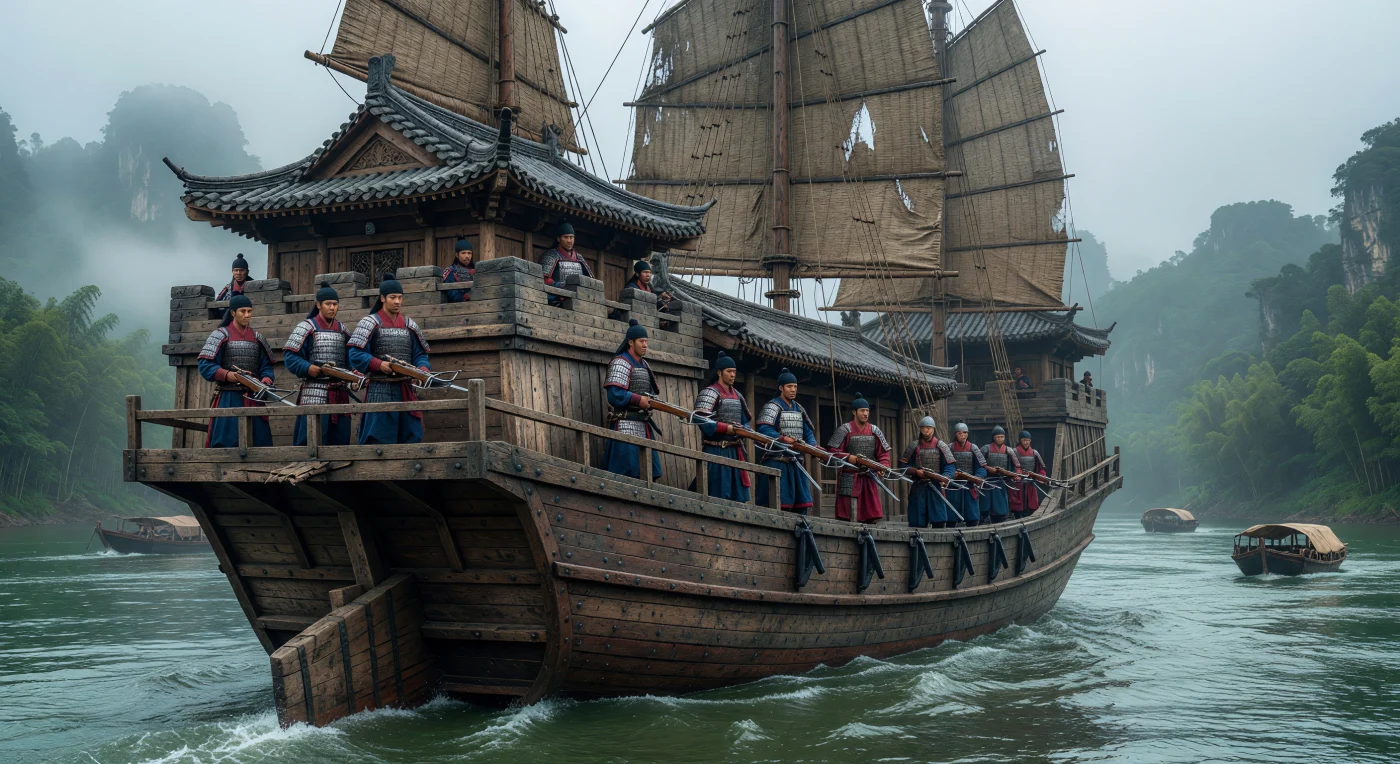 A massive third-century "Louchuan," or castle ship, navigates the misty Yangtze River during China’s Three Kingdoms period, showcasing the sophisticated naval engineering of Late Antiquity. The vessel features a multi-decked wooden fortress and a functional stern-post rudder, a Han-era innovation that allowed for superior navigation of the river's turbulent currents. On its decks, Han soldiers clad in iron lamellar armor stand ready with bronze-trigger crossbows, reflecting the high degree of military organization and technological skill characteristic of the era. This scene captures the strategic importance of the Yangtze as a vital frontier and transport artery for the competing regional powers of the time.