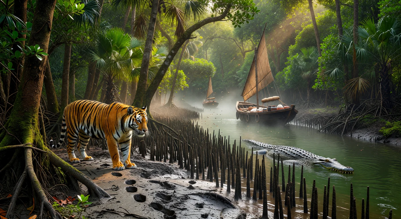 Nas densas florestas de mangue dos Sundarbans, durante o Sultanato de Bengala no século XV, um imponente tigre-de-bengala espreita entre as raízes pneumatóforas das árvores Sundari, enquanto um crocodilo-de-água-salgada vigia silenciosamente sob as águas turvas. Ao fundo, uma embarcação tradicional carregada de sal e finas musselinas navega pelo delta, ilustrando a próspera rede de comércio marítimo que definia esta região estratégica. Esta cena retrata a coexistência entre a natureza selvagem e as vibrantes rotas comerciais que tornaram Bengala um dos centros econômicos mais ricos do sul da Ásia medieval.