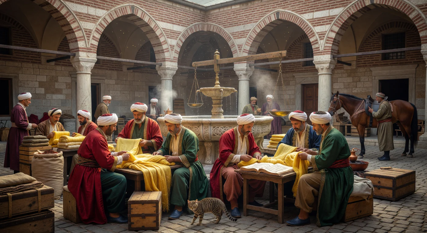 يصور هذا المشهد تجاراً عثمانيين وأرمن في فناء "كوزا خان" بمدينة بورصة خلال القرن الثامن عشر، وهم يتفحصون ألياف الحرير الأصفر الخام الذي جعل من المدينة مركزاً حيوياً للتجارة العالمية. تبرز اللوحة تفاصيل العمارة العثمانية العريقة من خلال الأقواس الحجرية المتناوبة والنافورة المركزية المزخرفة، حيث يمتزج ضوء الصباح مع بخار القهوة ليعكس حيوية النشاط التجاري في الخانات. تعكس الأزياء الفاخرة من القفاطين الحريرية الملونة والعمائم المتقنة التنوع الثقافي والطبقي لنسيج المجتمع العثماني في تلك الحقبة المزدهرة.