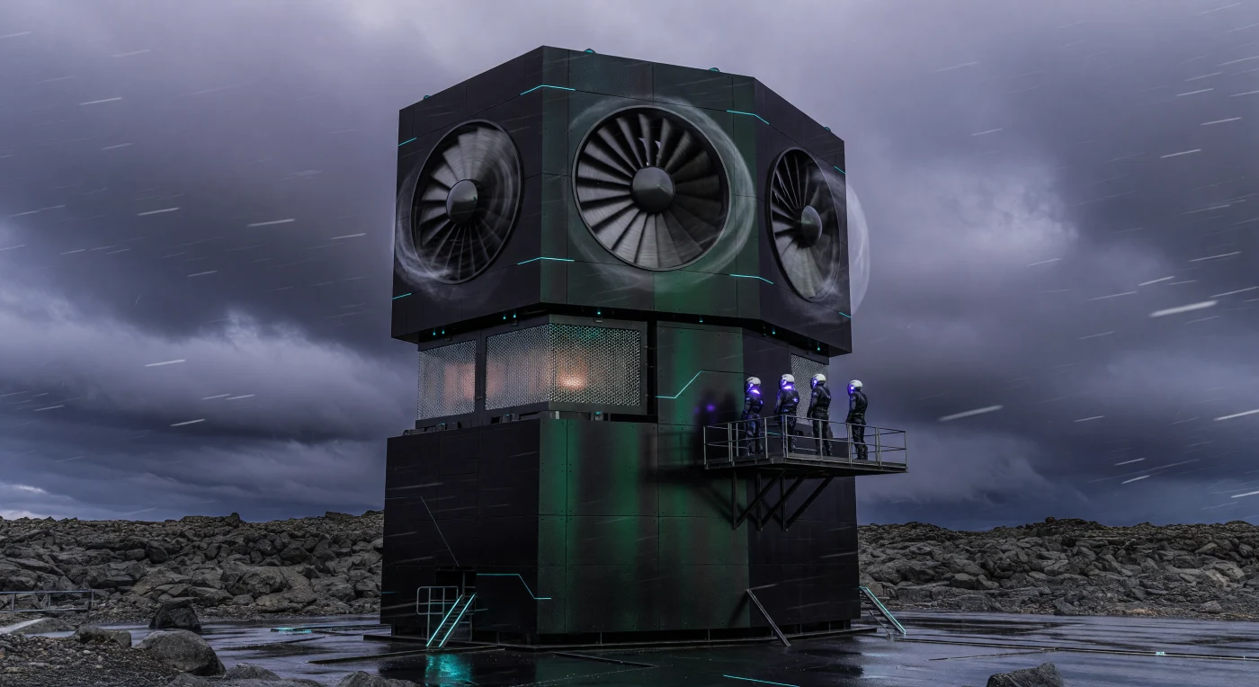 Svettante sui frastagliati campi di basalto islandesi, la Sky-Mine di Reykjavik emerge come un monolite di 300 metri dedicato alla sintesi del grafene durante l'Alba Potenziata (2050-2100). La torre, rivestita dalla membrana fotovoltaica autoriparante Helios-4, cattura l'anidride carbonica atmosferica attraverso enormi ventole di aspirazione, mentre tecnici dotati di interfacce neurali *Synaptic Bridge* ne monitorano il cuore incandescente. Questa imponente infrastruttura testimonia un'epoca di transizione geochimica artificiale, in cui l'integrazione tra biologia e ingegneria molecolare ha permesso all'umanità di rimodellare attivamente i cicli del carbonio del pianeta.