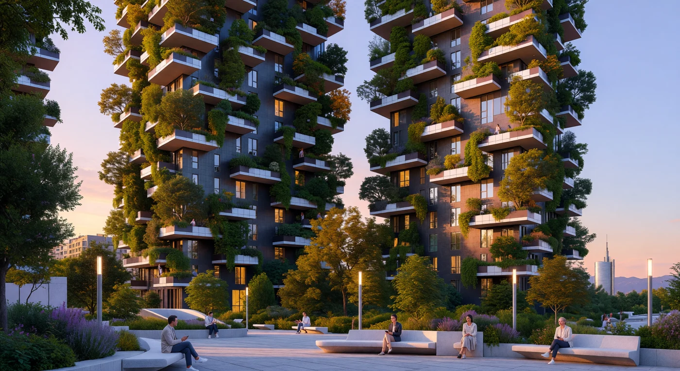 As torres do Bosco Verticale em Milão erguem-se contra o pôr do sol mediterrâneo, exibindo fachadas de cerâmica escura quase totalmente cobertas por uma densa vegetação de mais de 900 árvores e milhares de arbustos dispostos em varandas de concreto. Inaugurado na Era Digital, este marco da arquitetura sustentável exemplifica o conceito de "Eco-Tech", integrando ecossistemas vivos a arranha-céus para combater o calor urbano e promover a biodiversidade no distrito de Porta Nuova. A cena captura o contraste entre a precisão dos materiais industriais e o movimento orgânico das folhagens, refletindo a sofisticação tecnológica e o urbanismo verde característicos do início do século XXI.