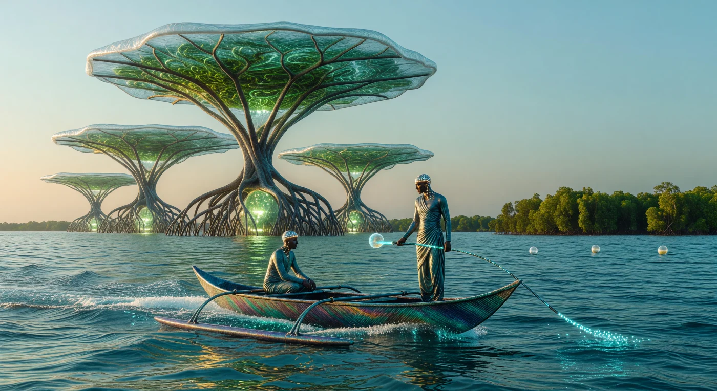 Nel 2080, durante l'epoca nota come l'Alba Potenziata, le coste del Golfo del Bengala sono dominate dalle monumentali torri "Foglia Artificiale", strutture bioniche alte 400 metri che utilizzano slurry di microalghe geneticamente ottimizzate per sequestrare l'anidride carbonica atmosferica. Mentre reattori a fusione protone-boro alimentano il processo emettendo una tenue luce ultravioletta, pescatori "Bio-Synth" della Southern Alliance monitorano la salute delle popolazioni restaurate di pesci Hilsa attraverso interfacce neurali bioluminescenti e sensori a impulsi cianici. Questa complessa simbiosi tra ingegneria estrema e gestione ecologica rappresenta il culmine della resilienza tecnologica del tardo XXI secolo, volta a stabilizzare i cicli geochimici globali dopo decenni di crisi climatica.