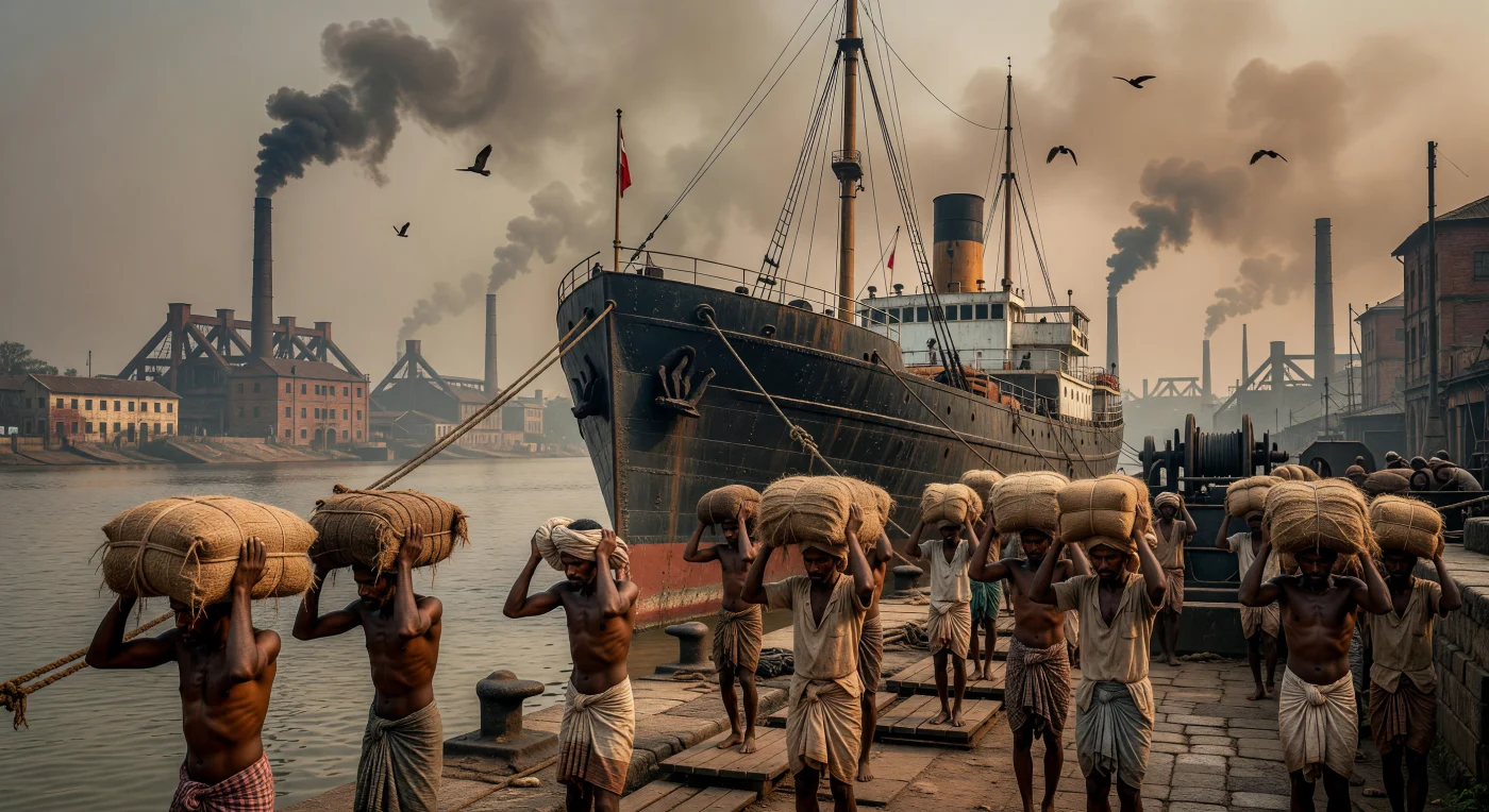 En los muelles del río Hooghly hacia 1938, estibadores bengalíes cargan pesados fardos de yute crudo en un imponente buque de vapor británico destinado a los mercados globales. Esta industria, centrada en Calcuta, fue el pilar económico de la región durante las Guerras Mundiales, suministrando material esencial para sacos de arena y suministros militares en todo el Imperio. La escena ilustra el duro esfuerzo físico de los trabajadores locales frente al paisaje de chimeneas y acero que definía el comercio colonial en las vísperas de la Segunda Guerra Mundial.