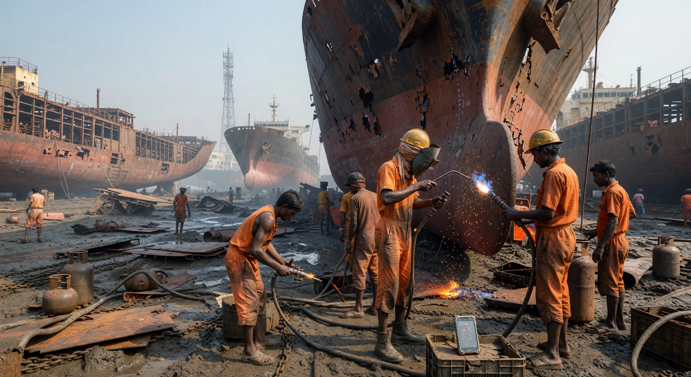 No estaleiro de Alang, em Gujarat, trabalhadores equipados com maçaricos de oxiacetileno desmantelam o casco colossal de um petroleiro desativado sob o sol inclemente do Sul da Ásia. Esta imagem ilustra a realidade da reciclagem naval na década de 2010, onde o esforço humano exaustivo coexiste com a conectividade da Era Digital, evidenciada pela presença de tecnologia móvel em meio ao cenário industrial. As carcaças oxidadas que emergem da lama oleosa servem como um testemunho visual do fim do ciclo de vida dos gigantes do comércio global e da complexa transformação econômica da Índia contemporânea.