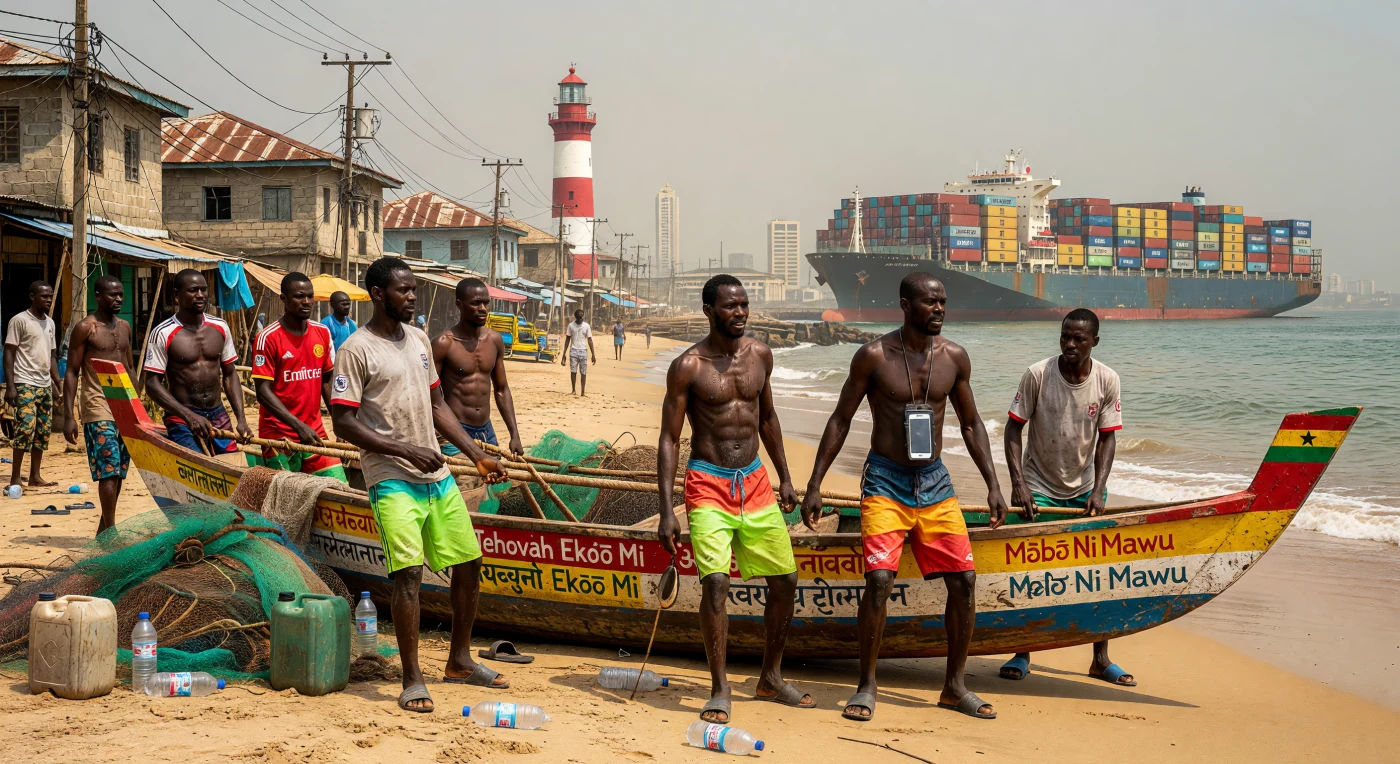 Am Strand von Jamestown in Accra ziehen Ga-Fischer eine kunstvoll bemalte Piroge aus der Brandung, während am Horizont ein massives Containerschiff den unaufhörlichen Strom des Welthandels markiert. Diese Szene verdeutlicht die Gleichzeitigkeit von Tradition und Moderne im digitalen Zeitalter Afrikas, in dem jahrhundertealtes Handwerk auf globale Sportbekleidung und mobile Technologie trifft. Vor der Kulisse des historischen Leuchtturms und der rasant wachsenden urbanen Küste spiegelt das Bild die enorme Dynamik und den technologischen Sprung wider, der das Leben im Ghana des frühen 21. Jahrhunderts prägt.