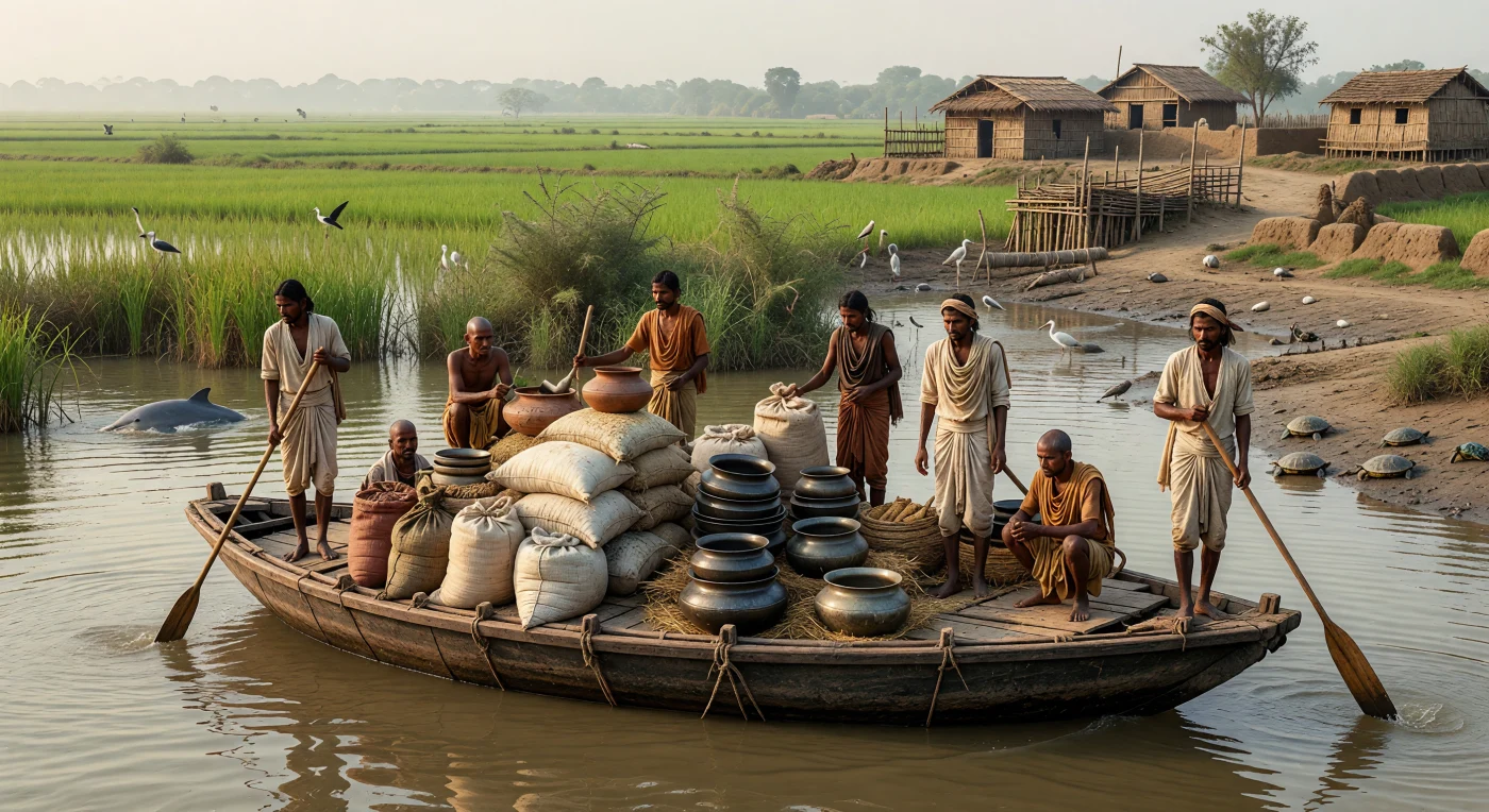 Una ancha balsa de madera, baja sobre el agua parda y limosa del Ganges medio, avanza cargada con sacos de arroz, vasijas negras bruñidas de gran prestigio y comerciantes descalzos envueltos en paños de algodón, mientras unos ascetas de cabeza afeitada viajan en silencio entre la carga. La escena evoca el siglo VI a. C., cuando los primeros mahājanapadas de la llanura gangética impulsaban el comercio fluvial, la agricultura del arroz y nuevas formas de vida religiosa asociadas a las tradiciones śramaṇa. Junto a los juncos, un delfín del Ganges asoma brevemente entre tortugas que toman el sol, recordando que este gran río era a la vez ruta económica, frontera política y ecosistema vivo.