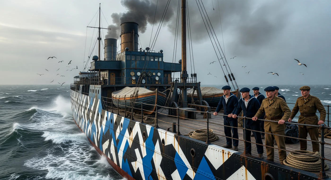Este imponente transporte de tropas de la Primera Guerra Mundial surca las turbulentas aguas del Atlántico Norte, luciendo un complejo camuflaje "Dazzle" compuesto por patrones geométricos de alto contraste en blanco, negro y azul. A bordo, marineros de la Royal Navy e infantes canadienses mantienen una vigilancia constante entre el espeso humo del carbón y el rocío marino que baña las cubiertas de madera. Esta técnica vanguardista no buscaba ocultar el navío, sino distorsionar su silueta para confundir a los submarinos enemigos sobre su rumbo y velocidad, protegiendo así el vital traslado de refuerzos hacia los frentes europeos.