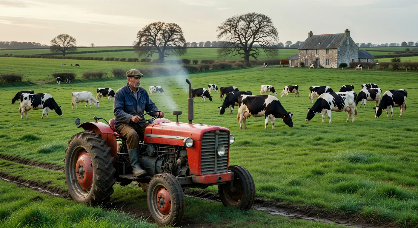 Um agricultor francês, vestido com o clássico casaco "bleu de travail", conduz um trator Massey Ferguson 135 através de uma vasta pastagem na Normandia, cercado por um rebanho de vacas Holstein-Frísia. Esta cena de 1975 captura o impacto do "remembrement", um processo de consolidação de terras que transformou a paisagem europeia ao remover as tradicionais sebes do "bocage" em favor da agricultura industrial mecanizada. Ao fundo, a casa de fazenda tradicional em pedra e ardósia permanece como um vestígio da herança regional em meio à rápida modernização tecnológica que definiu a era contemporânea no pós-guerra.