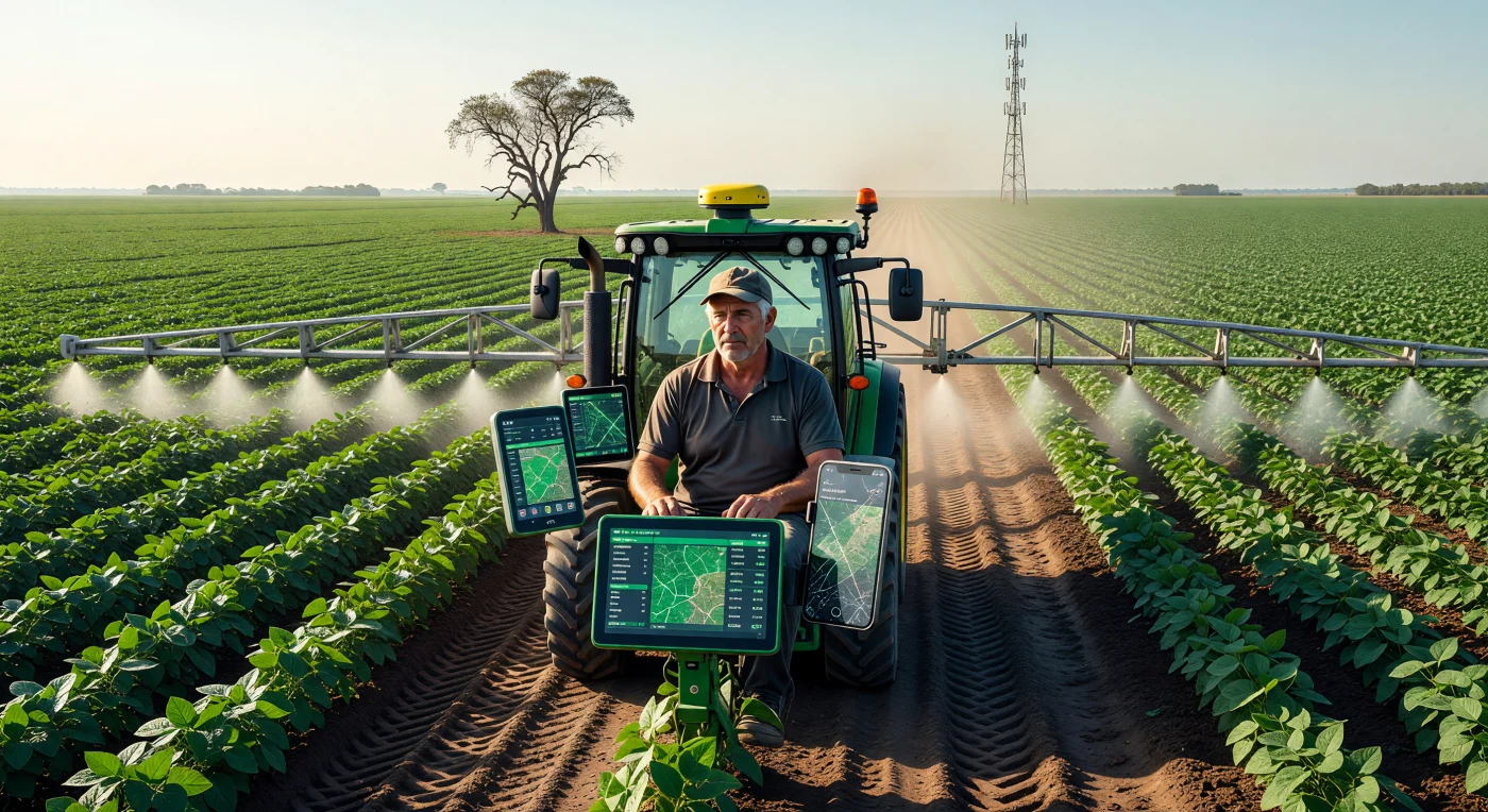 Un trattore guidato dal GPS attraversa le vaste pianure della Pampa argentina, spruzzando una monocultura di soia geneticamente modificata con una precisione millimetrica. Questa scena illustra l'apice dell'agricoltura industriale del XXI secolo, dove la tecnologia digitale e i dati satellitari hanno trasformato il paesaggio rurale in un sistema di produzione globale altamente automatizzato. Il contrasto tra il solitario albero di Ombu e la moderna torre di trasmissione sullo sfondo simboleggia la transizione definitiva tra la geografia tradizionale e l'iper-connettività dell'era digitale.