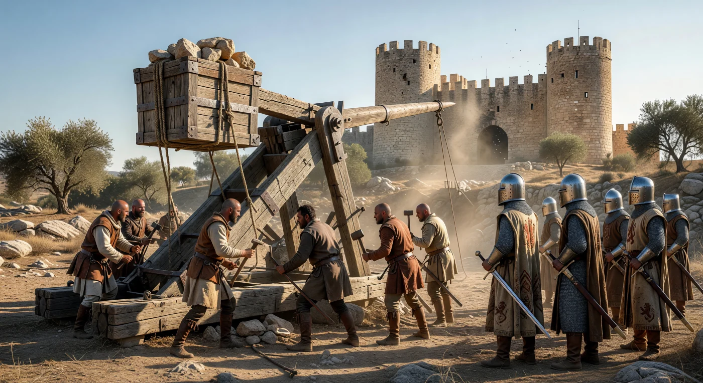 En el fragor de un asedio del siglo XIII, un colosal fundíbulo de contrapeso se alza sobre el terreno árido del sur de Europa, preparado por ingenieros para quebrar las imponentes murallas de una fortaleza de piedra caliza. Mientras el sol mediterráneo resalta las cicatrices de la guerra en la mampostería, caballeros con grandes yelmos y sobrevestas bordadas custodian la operación, representando el poderío militar y la sofisticación técnica de la Plena Edad Media. Esta escena captura la intensidad de la guerra de asedio, un pilar del sistema feudal en una época de gran expansión demográfica y arquitectónica en el continente.