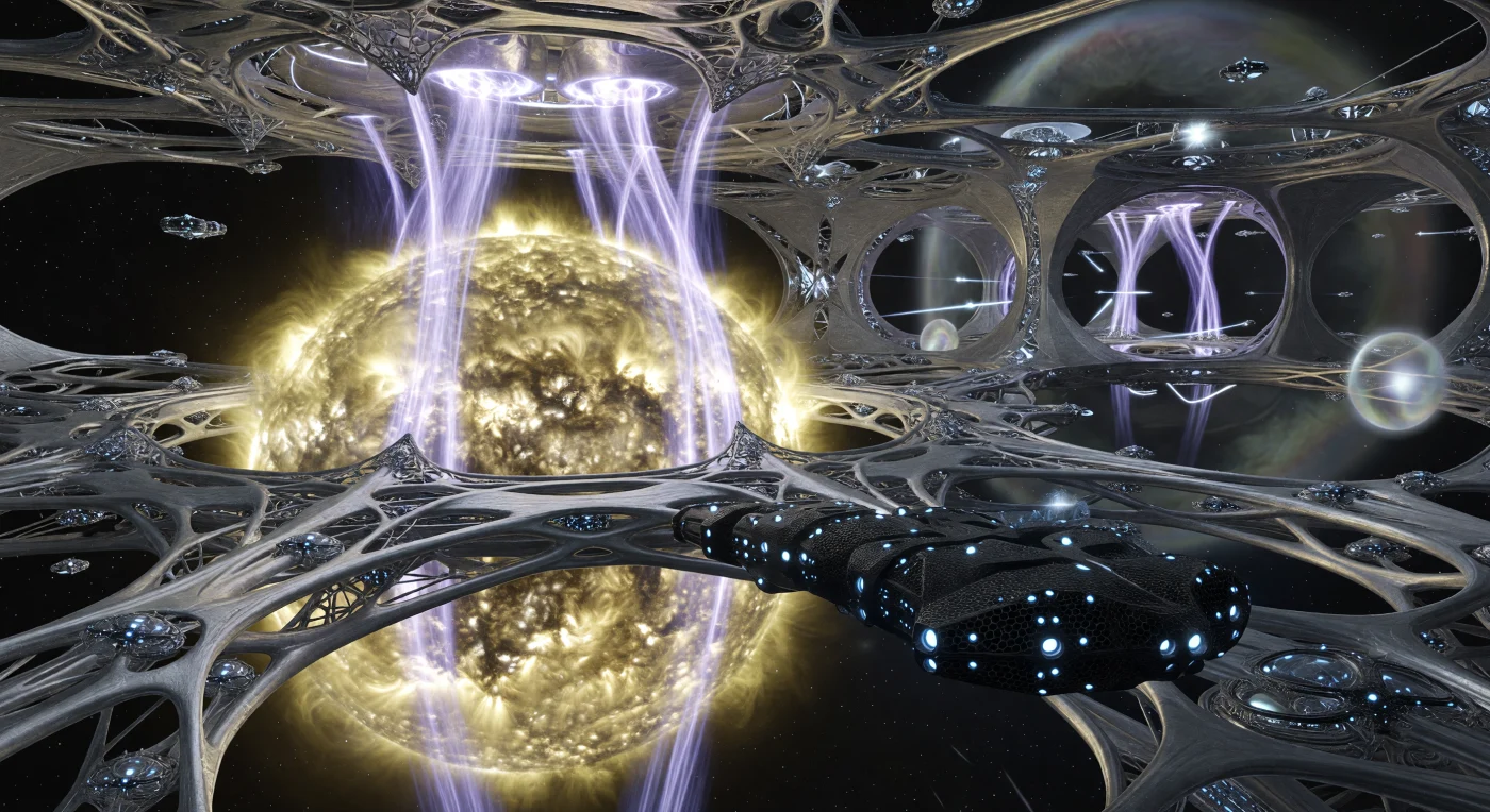 Cette immense structure squelettique en iridium brossé, typique de l’ingénierie monumentale de l’Ère Galactique (5 000 – 20 000 apr. J.-C.), encercle une étoile active pour en extraire les éléments lourds par siphonnage magnétique. À cette échelle titanesque, des grappes de « capsules synaptiques » s'accrochent aux poutres de diamantoïde comme des organismes microscopiques, servant d'habitats aux civilisations de l'époque. Au premier plan, une unité de maintenance post-biologique en matière programmable supervise ce processus de forgeage stellaire, illustrant une ère où la distinction entre architecture et métabolisme cosmique s'est effacée au profit d'une symbiose technologique absolue avec les astres.