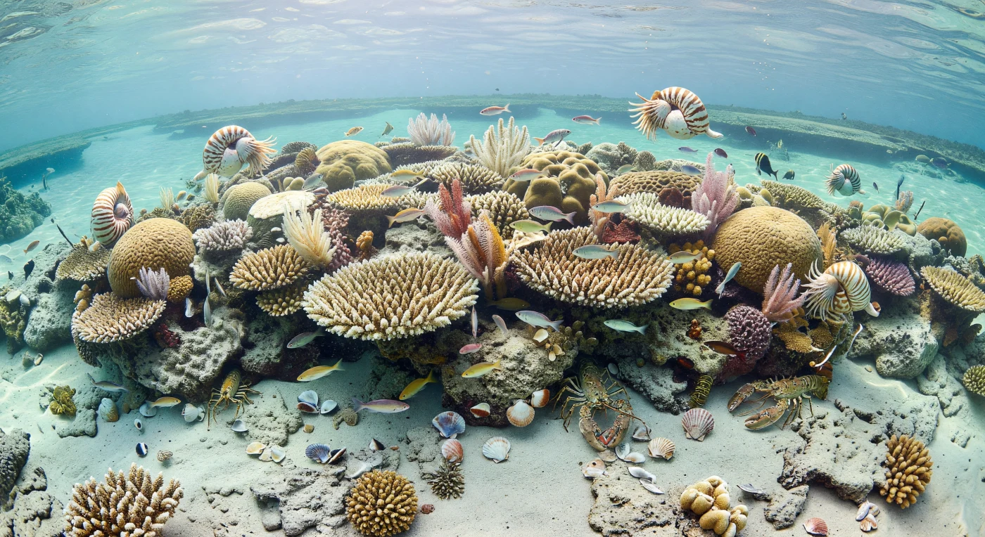 In the warm greenhouse seas of the early to middle Paleogene, roughly 66–34 million years ago, shallow tropical reefs along northern Australia or southern Africa supported coral communities that already looked surprisingly modern. Branching Acropora and massive Porites built sunlit carbonate habitats crowded with small teleost fishes, scallops, lobsters, and soft sea pens rooted in sandy pockets, while nautiloids cruised above the reef as living reminders of an ancient cephalopod lineage. This scene captures a Southern Hemisphere reef ecosystem during a time when Earth was warmer than today, yet many of the reef-building corals belonged to groups still familiar in modern oceans.