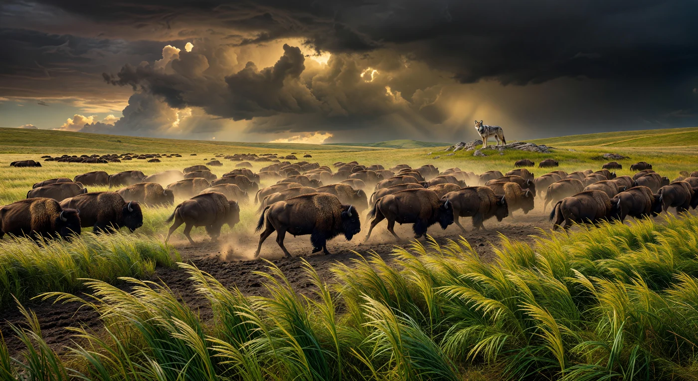Cette vue panoramique capture une immense harde de milliers de bisons d'Amérique migrant à travers les Grandes Plaines au milieu du XVe siècle, une époque où ces écosystèmes demeuraient intouchés par l'influence européenne. Sous un ciel d'orage dramatique, les bêtes foulent des herbes hautes atteignant plus de deux mètres, tandis qu'un loup gris solitaire surveille ce mouvement cyclique depuis un affleurement de granit. Cette scène illustre la biodiversité exceptionnelle et la puissance brute de la nature sauvage nord-américaine avant l'introduction du cheval et des frontières artificielles.