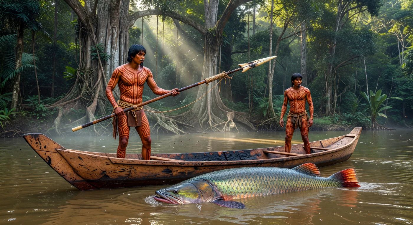 Two Tupi-Guarani men navigate the murky waters of the Amazon basin in a traditional cedar dugout canoe, poised to strike a massive Arapaima with a bone-tipped spear. Adorned with geometric urucum body paint and stone labrets, these fishers utilize sophisticated ecological knowledge and tools crafted from local palm wood and tapir bone. This scene illustrates the traditional subsistence practices of 16th-century lowland South American peoples, captured here in an era before European influence fundamentally altered the region's interior.