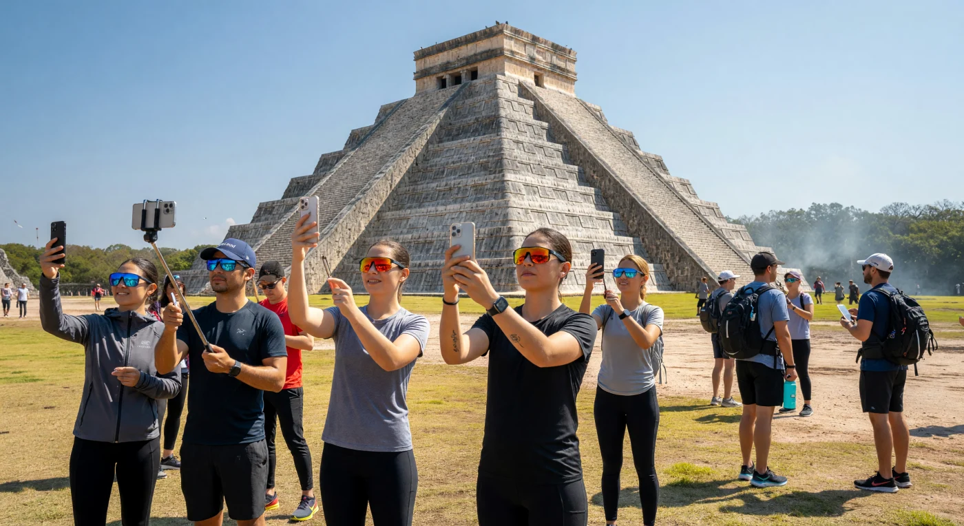 Bajo el intenso sol de Yucatán, un grupo de turistas internacionales posa con teléfonos inteligentes y bastones para selfis frente al majestuoso Templo de Kukulcán, evidenciando la cultura de la autoimagen que definió los inicios de la Era Digital. Los visitantes, ataviados con ropa técnica de alto rendimiento y accesorios como relojes inteligentes, representan la transición global hacia una conectividad permanente y el fenómeno del turismo masivo del siglo XXI. Esta escena captura la paradoja de la modernidad: el uso de herramientas digitales de vanguardia para mediar el encuentro humano con los antiguos monumentos de piedra caliza de la civilización maya.