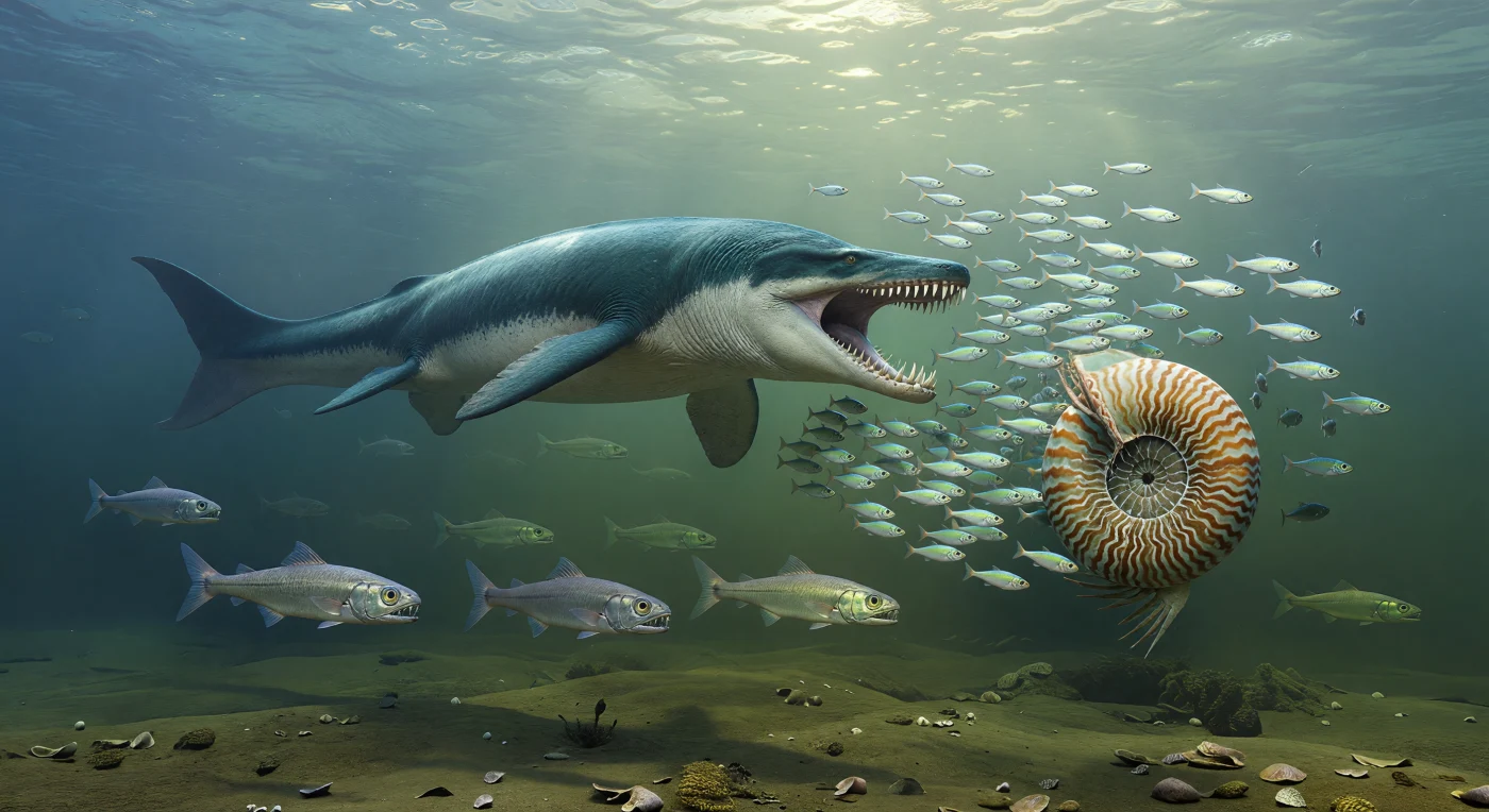 In the warm waters of North America’s Western Interior Seaway, about 80–75 million years ago in the Late Cretaceous, a giant mosasaur, Tylosaurus proriger, surges through a flashing school of small clupeomorph fish toward a ribbed Placenticeras ammonite. Below, fang-toothed Enchodus patrol the dimmer water above a soft muddy seafloor scattered with shell debris. This scene captures the rich marine food webs of the Campanian inland sea, where apex reptiles, predatory bony fish, and cephalopods thrived in a vast shallow seaway that split the continent in two.