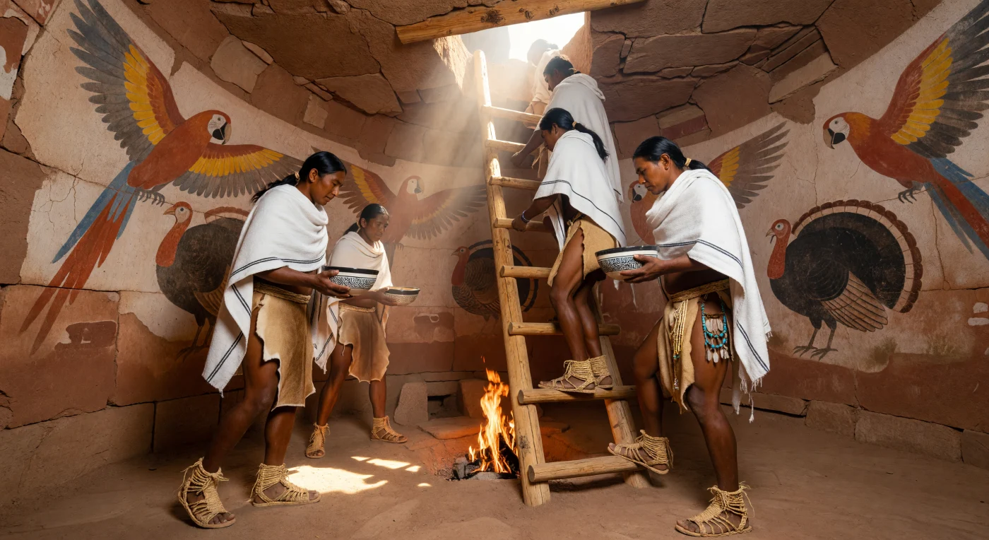 In questa suggestiva kiva sotterranea del IX secolo, uomini Ancestral Puebloan scendono lungo una scala di pino ponderosa, avvolti in coperte di cotone finemente tessute e calzando sandali in fibra di yucca. La luce tremolante di un focolare centrale anima le pareti in arenaria, decorate con vivaci pitture murali di uccelli e motivi geometrici che riflettono la ricca cosmologia delle popolazioni del sud-ovest americano. Questi spazi sacri fungevano da centri vitali per la vita comunitaria e spirituale, collegando il mondo fisico a quello ancestrale attraverso elementi simbolici come il *sipapu*, un piccolo foro rituale nel pavimento.