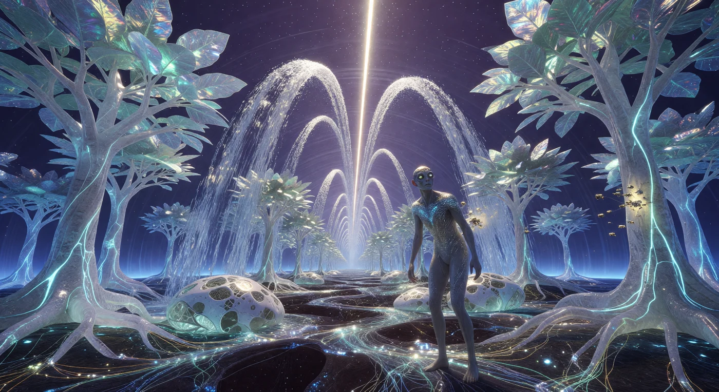 This 30-kilometer-long O’Neill Cylinder habitat exemplifies the advanced urbanism of the Galactic Age (5,000–20,000 CE), where centrifugal force and gravitic steering allow massive "Upward Waterfalls" to arc toward a central fusion plasma sun. The landscape is dominated by engineered "Arbor-vitreous" trees with diamondoid trunks designed to filter cosmic radiation, while ovoid "Synaptic Pods" serve as neural-interfaced residences for the era's post-biological inhabitants. These gracile, synthetic beings represent the pinnacle of post-planetary evolution, living within self-repairing ecosystems maintained by constant swarms of microscopic constructor-drones.
