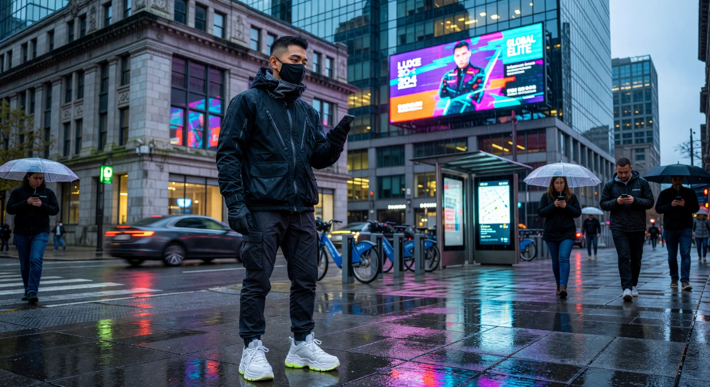 Inmitten der regennassen Straßen des Montrealer Quartier des Spectacles um das Jahr 2024 verkörpert diese Person die „Techwear“-Bewegung, eine Symbiose aus hochfunktionalen Materialien wie Gore-Tex Pro und einer vom Cyberpunk inspirierten „Urban Ninja“-Ästhetik. Vor der kontrastreichen Kulisse historischer Kalksteinfassaden und futuristischer Glastürme fangen das kalte Leuchten digitaler Werbetafeln und die allgegenwärtigen Smartphones die Essenz der frühen 2020er Jahre ein – eine Ära, die durch die totale Verschmelzung von physischem Raum und digitaler Aufmerksamkeitsökonomie definiert war. Die Kombination aus modularer taktischer Kleidung, chirurgischen Stoffmasken und klobigen Sneakern illustriert eindrucksvoll einen Zeitgeist, in dem Mode sowohl als technologisches Schutzschild gegen die Umwelt als auch als Ausdruck einer global vernetzten, digitalen Identität fungierte.