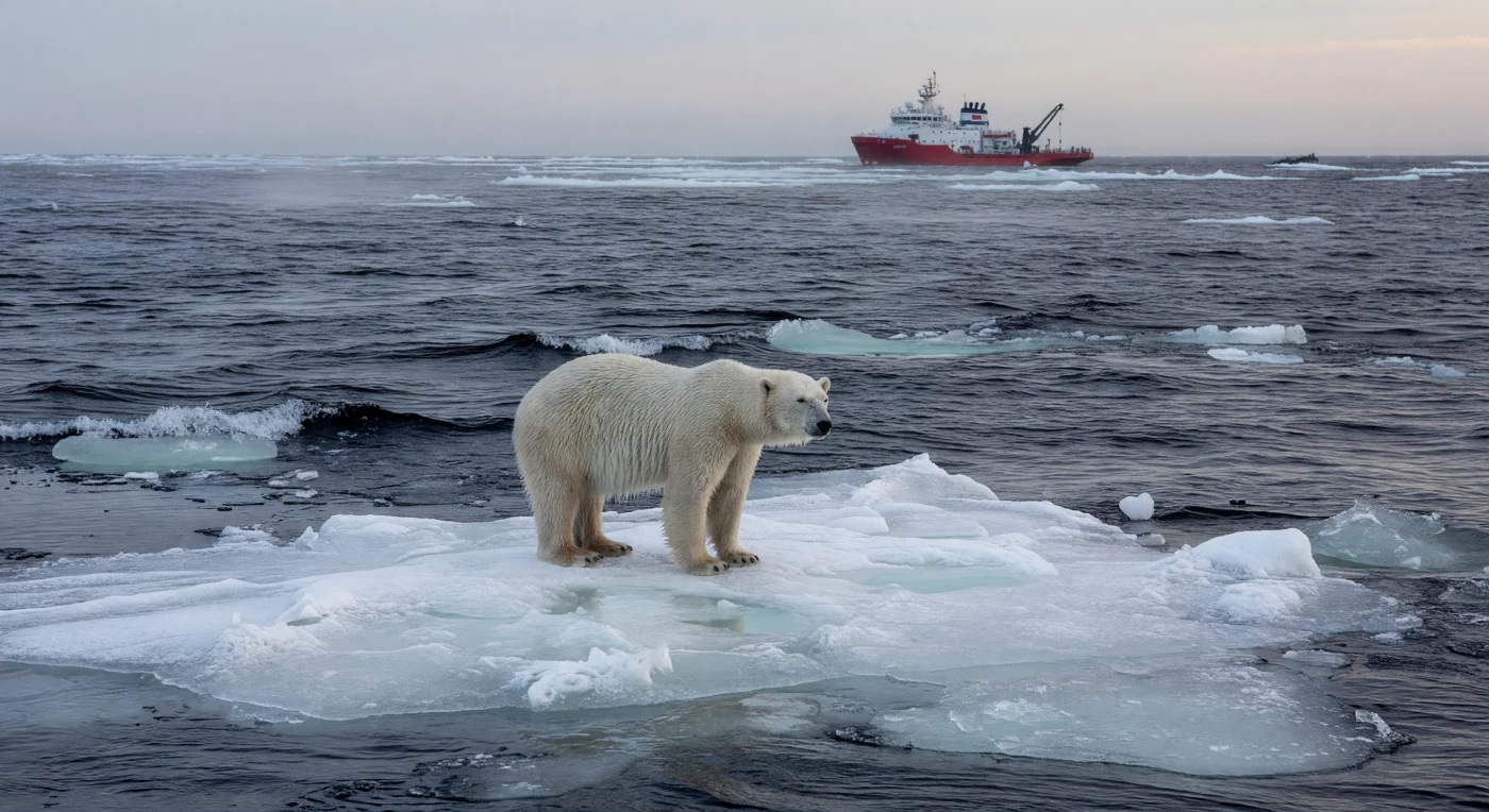 Um urso polar solitário equilibra-se sobre um fragmento de gelo em derretimento na Baía de Hudson, evidenciando a fragilidade do ecossistema do Nunavik durante a Era Digital (2000–2025). Esta imagem captura o momento crítico do recuo acelerado do gelo marinho, um fenômeno central nas crises ambientais do início do século XXI que mobilizou esforços globais de conservação. Ao fundo, a silhueta de um navio de pesquisa canadense simboliza a dependência da época em tecnologia de ponta e monitoramento digital para documentar as rápidas transformações climáticas no Ártico.