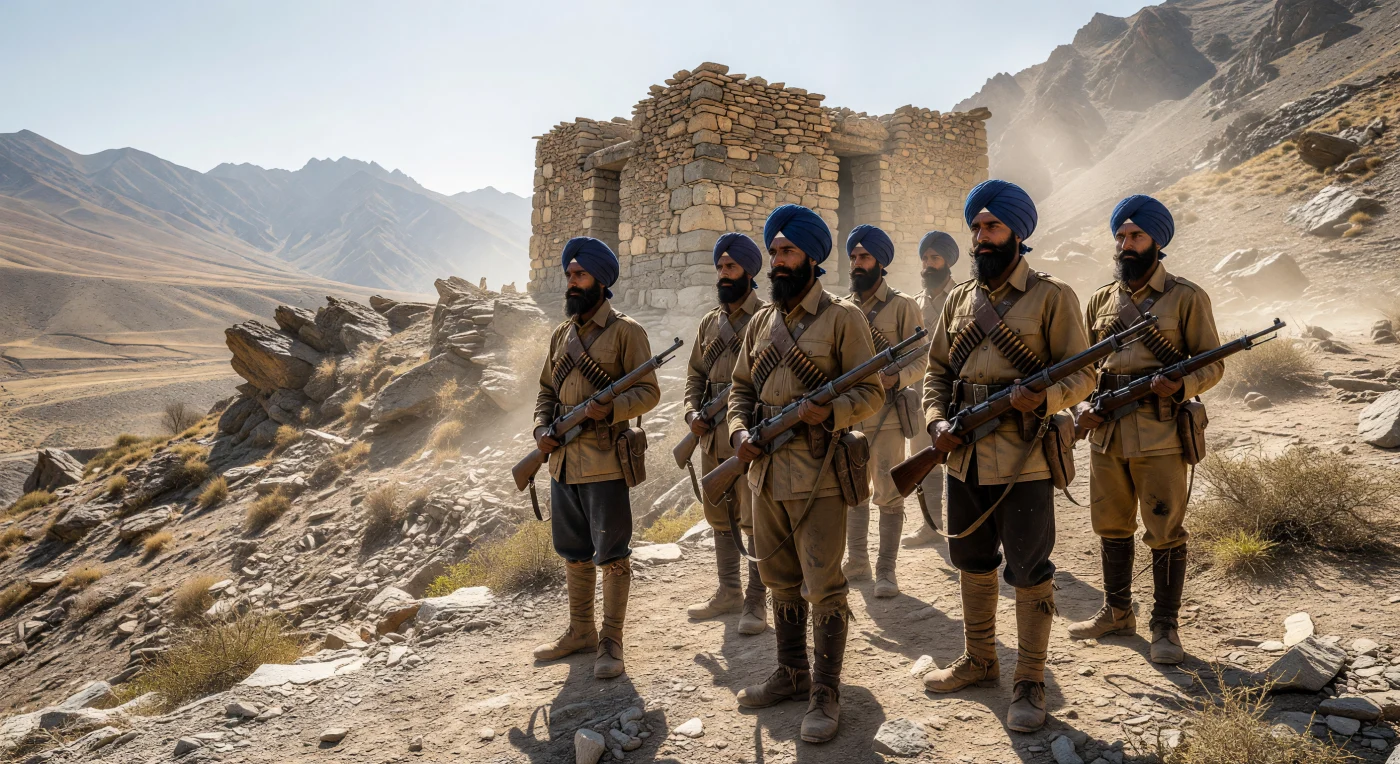 1890 के दशक के उत्तर-पश्चिमी सीमांत के इस दृश्य में, ब्रिटिश भारतीय सेना के सिख सैनिक अपनी विशिष्ट नीली पगड़ियों और खाकी ट्यूनिक में हिंदू कुश की दुर्गम पहाड़ियों के बीच एक पत्थर के ब्लॉकहाउस पर पहरा दे रहे हैं। ली-मेटफोर्ड राइफलों से लैस ये सैनिक 'हाई राज' काल के दौरान साम्राज्य की सीमाओं की रक्षा के लिए तैनात थे, जहाँ उन्होंने भीषण गर्मी और धूल भरे ऊबड़-खाबड़ रास्तों की चुनौतियों का सामना किया। यह चित्रण औपनिवेशिक काल के दौरान दक्षिण एशिया में सैन्य जीवन की कठोरता और इस क्षेत्र के रणनीतिक महत्व को जीवंत रूप से प्रस्तुत करता है।