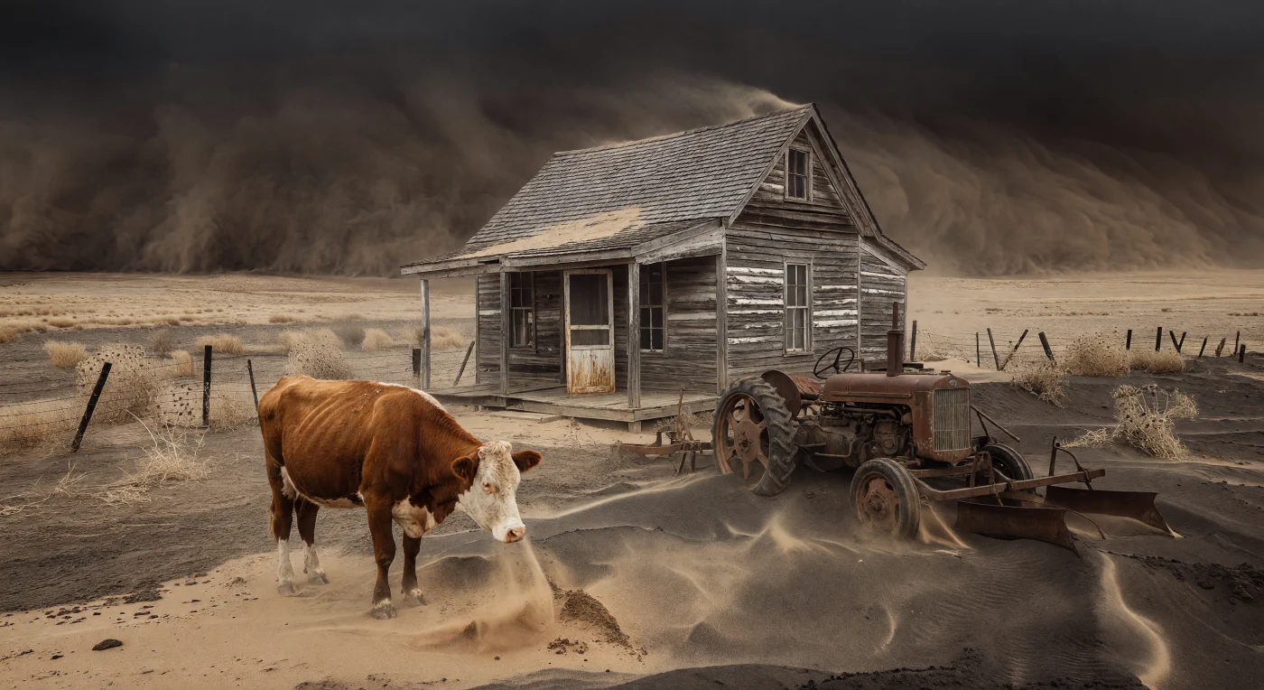 Una vaca Hereford famélica permanece junto a una casa de madera castigada por el tiempo, mientras una "tormenta negra" de polvo y limo se alza en el horizonte para devorar el paisaje de las Grandes Llanuras. Esta imagen evoca la crisis del *Dust Bowl* durante la década de 1930, un desastre ecológico y social provocado por la sequía prolongada y prácticas agrícolas inadecuadas en plena Gran Depresión. La maquinaria semienterrada y la atmósfera asfixiante de tono sepia ilustran la lucha desesperada por la supervivencia en un entorno que, tras años de sobreexplotación, se volvió hostil para la vida humana y animal.