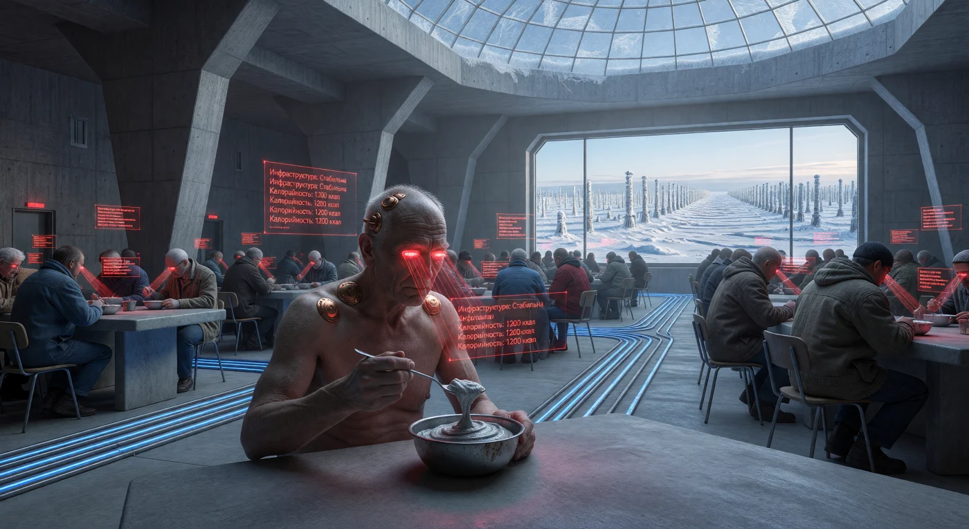 A Vanguard citizen undergoes neural calibration within a massive Brutalist communal hall of the Eurasian Federation during the Augmented Dawn (2050–2100). This representative of the augmented strata utilizes the Koltsov-Interface to monitor infrastructure health via red holographic overlays while consuming nutrient-dense V-paste. The scene highlights the stark division between the technologically enhanced Vanguard and the natural Solidarists, set against a backdrop of Siberian tundra stabilized by industrial thermosyphons. This era was characterized by a transition to a Type 0.82 Kardashev civilization, powered by clean boron-proton fusion and managed by a pervasive synthetic bureaucracy.