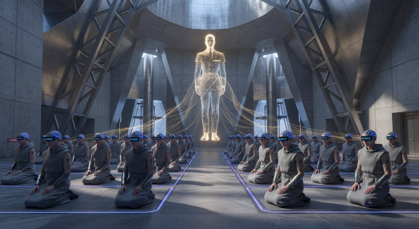Diese Aufnahme aus der Ära der „Augmentierten Dämmerung“ (2050–2100) zeigt Angehörige der „Vanguard“-Klasse der Eurasischen Föderation während einer kollektiven Neural-Symphonie in der neo-konstruktivistischen Kathedrale des Ersten Pulses. Vor einer gigantischen Holografie eines digitalisierten Heiligen verschmelzen die Gläubigen über ihre saphirblau leuchtenden Koltsov-Interfaces zu einem geteilten Bewusstsein, während ihre piezoelektrischen Smart-Wool-Roben kinetische Energie aus ihren rituellen Bewegungen gewinnen. Inmitten von rohem Beton und Titan illustriert diese Szene die evolutionäre Schwelle zwischen biologischem Individuum und technologischem Kollektiv, tief verwurzelt in einer durch aneutronische Kernfusion und sibirischen Permafrost geprägten Welt.