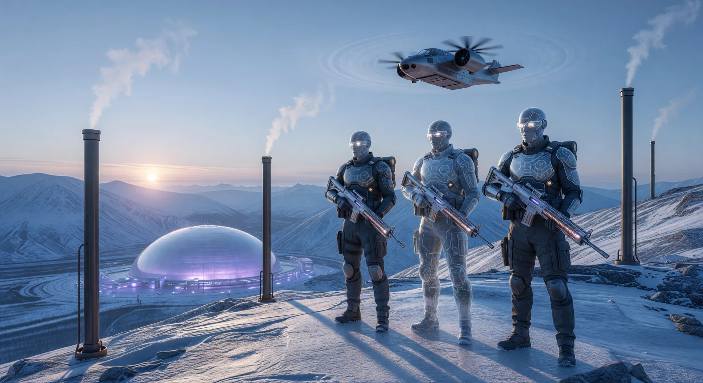 Set against the sub-zero twilight of the Ural Mountains during the Augmented Dawn (c. 2050–2100 CE), this scene captures Vanguard soldiers of the Eurasian Federation patrolling a frontier shaped by advanced fusion energy and climate-management technology. These soldiers represent a specialized stratum of human existence, featuring hexagonal subdermal armor and neural interfaces that allow for "State-Truth" data overlays and silent telemetry. In the valley below, a gargantuan graphene-reinforced dome glimmers near a boron-proton fusion plant, illustrating the era’s reliance on aneutronic power and high-tensile polymers to sustain industrial civilization in the Siberian wilderness.