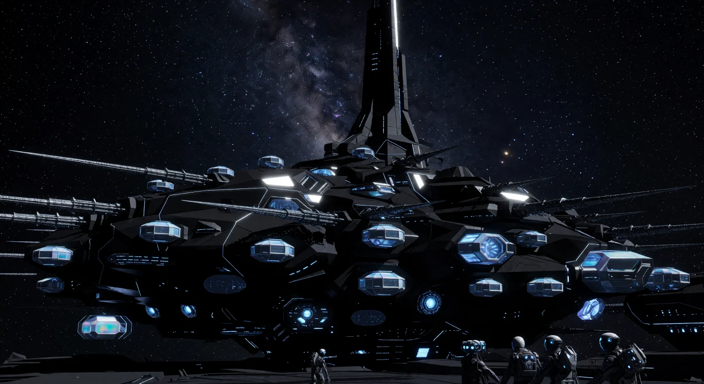 This visual reconstruction depicts an Aegis-Bastion, a massive orbital fortification stationed at the L5 Lagrange point during the Solar Expansion era (c. 2500–3000 AD). The structure features a jagged silhouette coated in light-absorbent Vantablack-4 plating to minimize its radar and visual signature against the galactic plane, punctuated only by the cerulean glow of gravity-well generators and thermal vents. In the foreground, post-planetary humans—biologically adapted for long-term survival in microgravity—navigate the hull in specialized bio-chitin EVA shells, illustrating the radical architectural and physiological transitions of the 28th century.