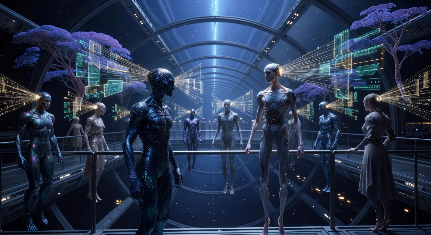 In de Axis-Hub van een kolossale O’Neill-cilinder nemen vertegenwoordigers van de Voids-Kin deel aan een Vector-Logica Consensus, een moment van collectieve besluitvorming tijdens de Dageraad van de Interstellaire Tijd (3000 – 5000 n.Chr.). Men ziet een Lithomorph met een iriserende huid van koolstofnanobuisjes naast een 'Elongated' mens met aan gewichtloosheid aangepaste ledematen, terwijl zij via neurale links gloeiende geometrische datastromen in de ijle atmosfeer projecteren. Deze scène illustreert de verregaande evolutionaire divergentie van de mensheid, die in de diepe leegte tussen de sterren overleeft dankzij radiosynthese en een technologische symbiose met hun zelfvoorzienende, door aneutronische fusie verlichte habitat.