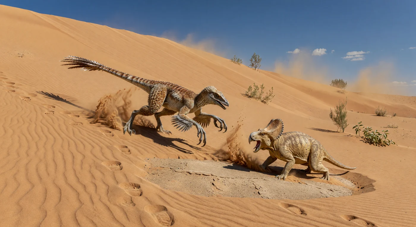 In den rot-goldenen Dünen der Djadokhta-Formation in der heutigen Mongolei stürzt sich ein vollständig befiederter Velociraptor mongoliensis hangabwärts auf einen geduckten Protoceratops andrewsi, während Wind ockerfarbenen Sand über die harten Dünenkämme treibt. Diese Szene spielt im späten Campanium der Oberkreide vor etwa 75–71 Millionen Jahren, als Südmongolei eine trockene Wüstenlandschaft aus wandernden Sanddünen und nur spärlicher Vegetation aus frühen Bedecktsamern und niedrigen Koniferen war. Der berühmte Fossilfund „kämpfende Dinosaurier“ aus dieser Region zeigt, dass solche dramatischen Begegnungen tatsächlich stattfanden und manchmal durch einstürzenden Dünensand für die Ewigkeit konserviert wurden.