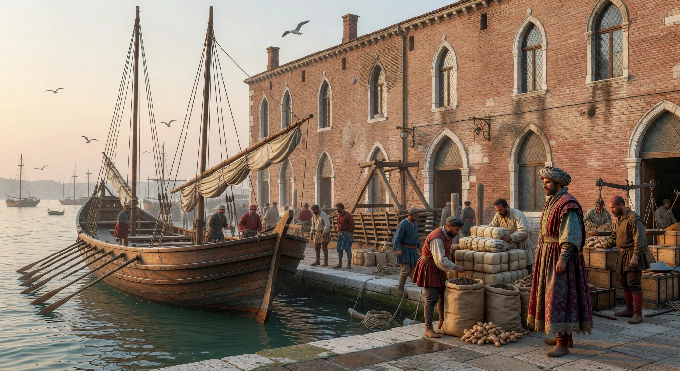 Een 15e-eeuwse Venetiaanse *galia grossa* ligt aangemeerd aan een stenen kade, waar arbeiders kostbare balen zijde en zakken zwarte peper vanuit het schip naar een gotisch pakhuis dragen. Terwijl een welvarende koopman in een fluwelen houppelande toezicht houdt op de inventaris, vangt deze scène de essentie van Venetië als het cruciale maritieme knooppunt tussen de zijderoute en Europa. De combinatie van zware roeiriemen en Latijnzeilen op dit imposante schip weerspiegelt de technologische macht en de enorme rijkdom van de mediterrane handel tijdens de late middeleeuwen.