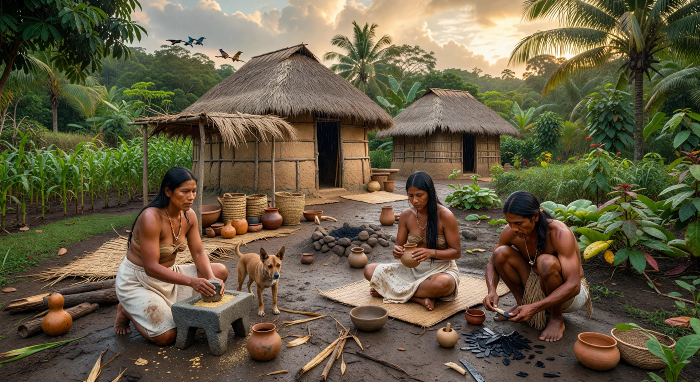 Dans les basses terres humides du Soconusco, dans l’actuel Chiapas, une maisonnée mokaya s’active devant des maisons ovales en torchis et toit de palmes, sur un sol encore mouillé par la pluie: une femme broie le maïs sur un metate, une autre façonne un vase en argile, tandis qu’un homme retouche une lame d’obsidienne sous l’œil attentif d’un petit chien du village. Cette scène évoque l’une des plus anciennes sociétés villageoises sédentaires de Mésoamérique, où l’agriculture, la poterie et les échanges de matériaux comme l’obsidienne soutenaient déjà une vie domestique organisée. Bien avant les grandes cités mayas ou les monuments de pierre, les Mokaya ont contribué à poser les bases des communautés agricoles complexes de la côte pacifique mésoaméricaine.