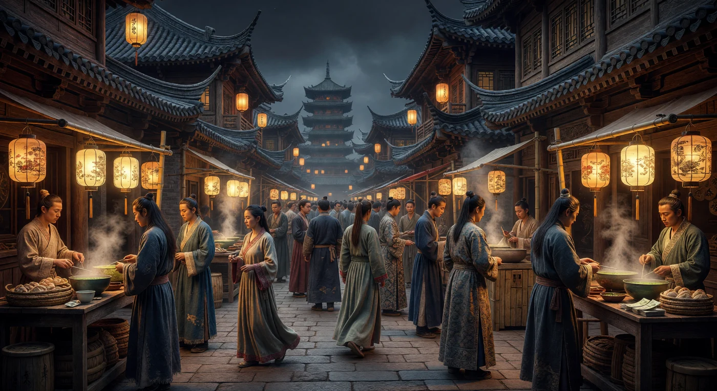 Questa veduta cinematografica cattura l'energia vibrante del mercato notturno di Kaifeng intorno al 1100 d.C., dove lanterne di carta ambrate illuminano l'architettura complessa in legno caratterizzata dai sistemi di incastro *dougong*. Tra i banchi carichi di tè e dolci al vapore, cittadini in vesti di canapa e seta scambiano le prime banconote al mondo, le "Jiaozi", all'ombra di maestosi tetti ricurvi in ceramica grigia. Capitale della dinastia Song settentrionale e metropoli più popolosa dell'epoca, Kaifeng rappresentava l'apice dell'urbanizzazione e della raffinatezza tecnologica dell'Asia orientale medievale.