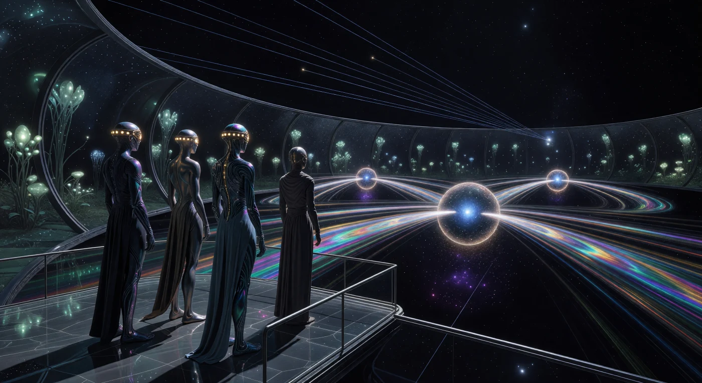 During the Galactic Age (c. 5,000–20,000 CE), post-human Void-Striders inhabiting the Frontier region engaged in cultural rituals that celebrated the fundamental laws of physics, such as the Gravitational Sculpting Festival depicted here. Standing upon a transparent graphene lattice, these radiation-resistant beings observe hyper-dense mass-spheres as they bend starlight into shimmering Einstein Rings and kaleidoscopic arcs through gravitational lensing. This scene illustrates the sophisticated interplay between art and General Relativity within the hollowed-comet habitats of a Kardashev 1.8 civilization.