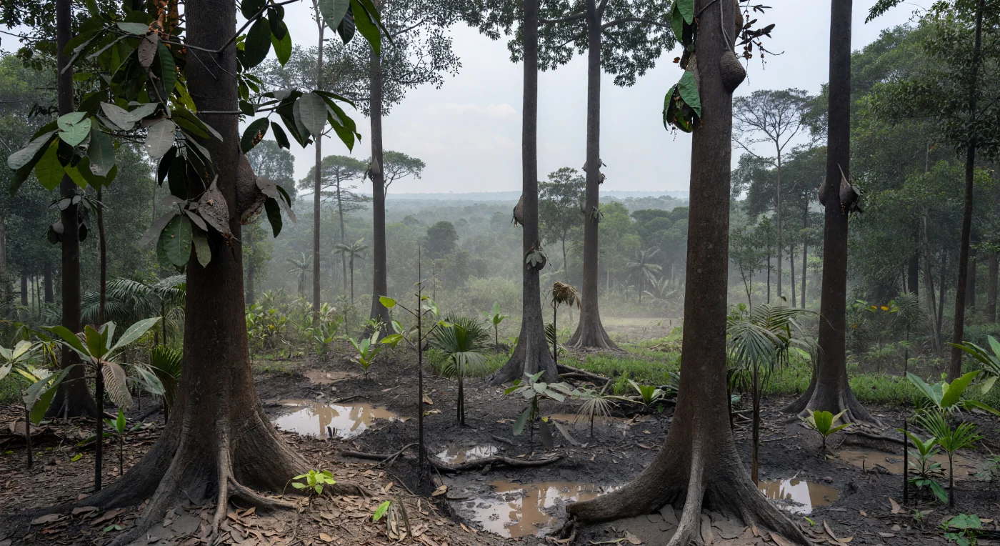 In northern Sumatra about 74,000 years ago, the aftermath of the Youngest Toba Tuff eruption settled over a lowland Sundaland rainforest, dimming the sky and dusting dipterocarp trunks, buttress roots, and tannin-dark blackwater pools with fine gray ash. Weaver ant nests of Oecophylla smaragdina still cling to the branches, showing that even in the wake of a major volcanic catastrophe, parts of Southeast Asia’s tropical refugia retained the structure of humid evergreen forest. This scene captures a brief, ash-muted moment in the late Pleistocene, when volcanic disturbance overlaid one of the world’s richest rainforest ecosystems.