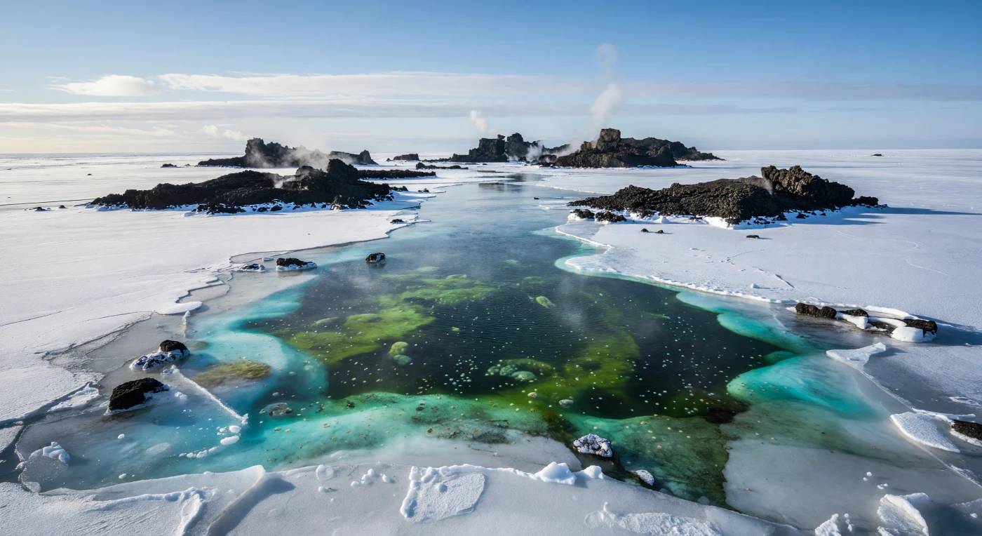 During the Cryogenian Marinoan glaciation, about 650–635 million years ago, a volcanic polynya opens like a dark wound in Snowball Earth’s near-continuous sea ice. Low basaltic islands, steaming fissures, and turquoise-lit ice margins frame a narrow refuge of open seawater, where microbial life—cyanobacteria, simple chlorophyte algae, and abundant organic-walled microplankton such as Leiosphaeridia—could persist beneath the dim Neoproterozoic sun. This scene highlights how volcanically warmed or thinned ice zones may have provided rare habitable oases in an otherwise harsh, globally glaciated ocean.
