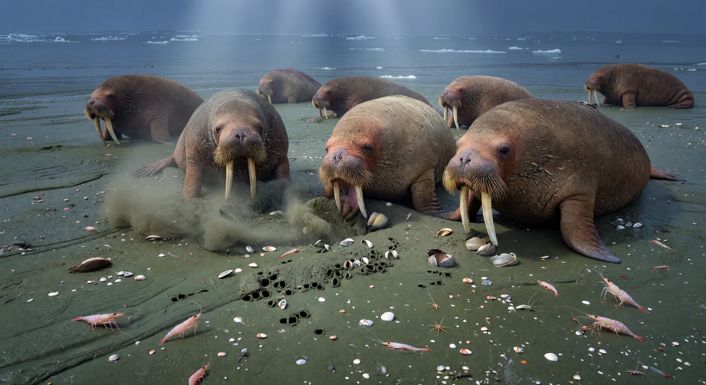On the shallow Beringian shelf during the Late Pleistocene, several walruses, Odobenus rosmarus, forage head-down in cold, silty water, stirring muddy sand with their tusks and sensitive whiskered muzzles as they excavate buried clams. Unearthed shells of Mya truncata and Serripes groenlandicus lie amid clouds of sediment, while pink northern shrimp (Pandalus borealis) and brittle stars scatter across the seafloor. This scene captures a familiar Ice Age feeding behavior in a glaciomarine habitat along the exposed margins of Beringia, roughly tens of thousands of years ago.