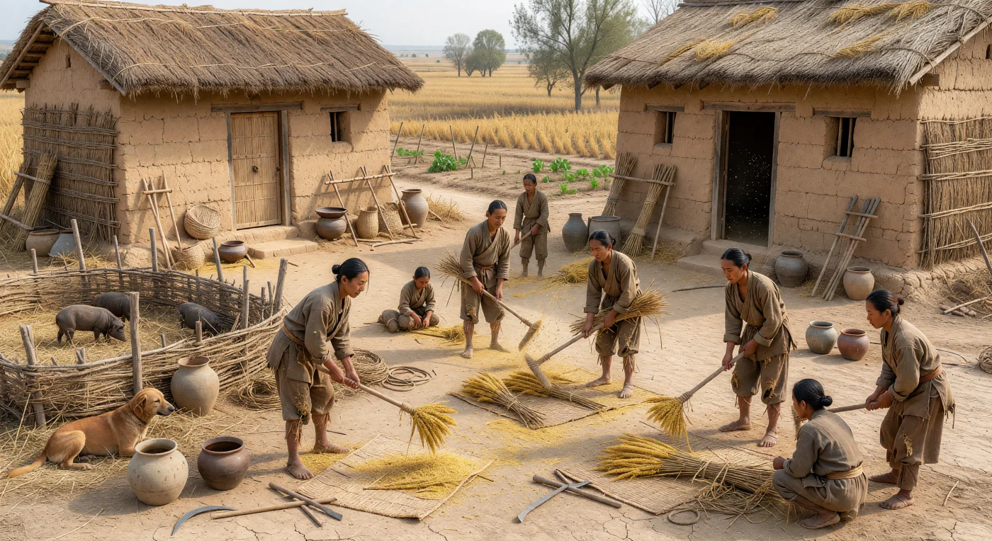 In a village courtyard on the North China Plain during the Warring States period, farming families thresh bundles of foxtail millet with wooden flails amid dust, chaff, and the muted colors of autumn. Their plain hemp garments, rammed-earth houses with thatched roofs, ceramic storage jars, pig pen, and simple tools reflect the material world of ordinary Huaxia agricultural life in the 4th–3rd century BC. The scene captures a staple crop and the labor that sustained the growing states of late Zhou China, where expanding iron use and intensifying agriculture underpinned profound political change.
