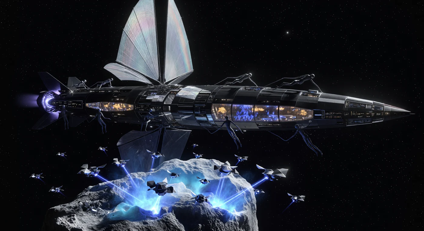 Ein gewaltiges, nadelartiges Welten-Schiff der sogenannten „Voids-Kin“ aus poliertem Obsidian und Chrom durchquert die Oortsche Wolke, während ein Schwarm autonomer Drohnen wertvolle flüchtige Stoffe aus einem eisigen Kometen extrahiert. Diese Momentaufnahme aus der Ära der Interstellaren Dämmerung (ca. 3000–5000 n. Chr.) illustriert die Evolution der Menschheit zu den „Interstellaren Nomaden“, die durch biologische Modifikationen wie jene der „Langgestreckten“ dauerhaft im Vakuum überleben können. Inmitten der absoluten Dunkelheit des interstellaren Raums erhellen leuchtende Fontänen aus ionisiertem Cyan-Gas die technologische Meisterleistung einer Zivilisation, die sich endgültig von den Gravitationsbrunnen der Planeten losgelöst hat.