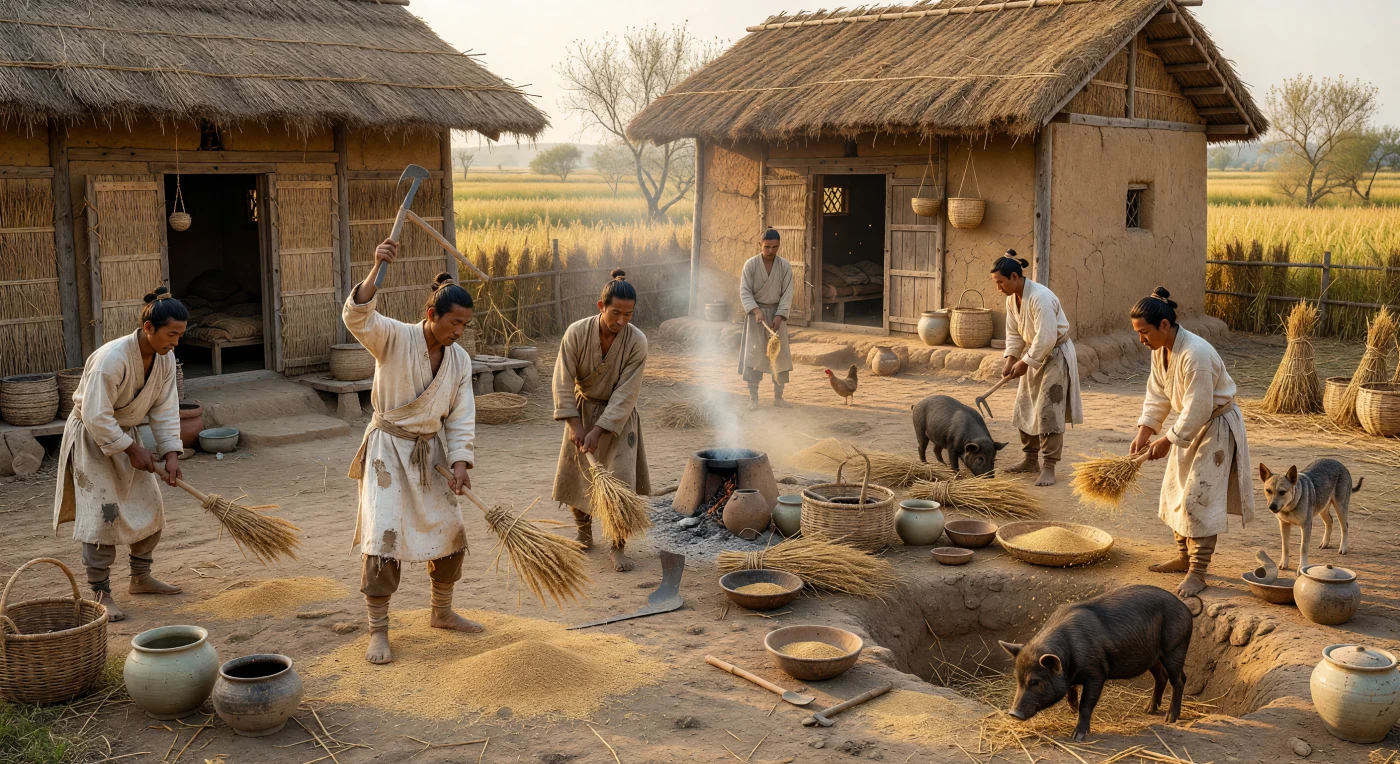 A packed-earth courtyard in a Western Zhou village on the North China Plain comes alive with the harvest of foxtail millet: farmers in coarse hemp garments thresh and winnow grain beside thatched wattle-and-daub houses, while pigs nose through chaff near clay hearths and storage pits. Such scenes reflect the agricultural foundation of early Zhou society in the 9th century BC, when millet remained the staple crop of northern China and most rural households lived in modest rammed-earth and timber dwellings. The emphasis on hemp textiles, low-fired pottery, wooden and bronze-edged tools, and earthen architecture captures the material world of common farming families rather than the bronze-rich ritual culture of elite courts.