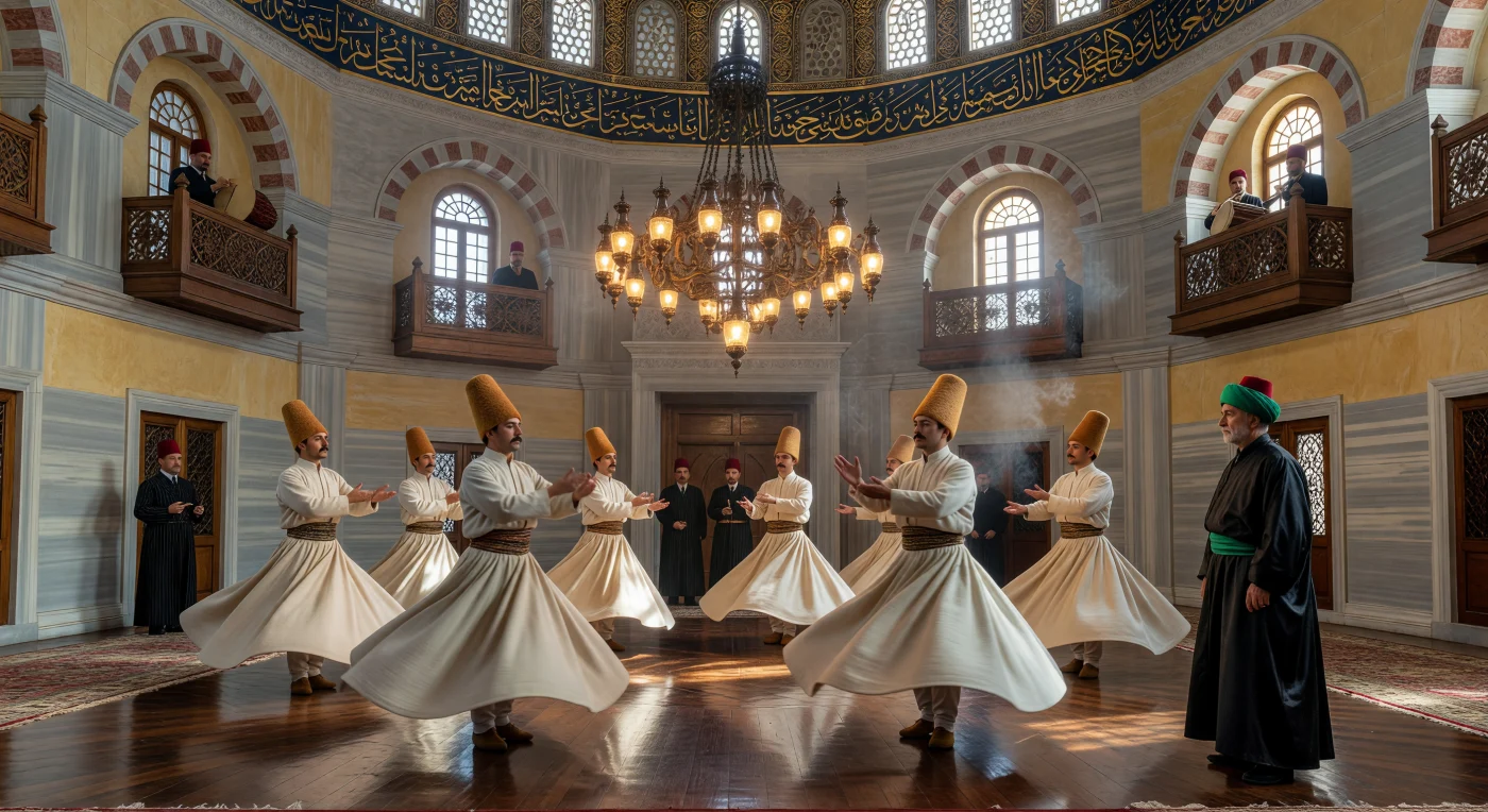 In this 1905 depiction of an Istanbul Mevlevihane, Sufi dervishes perform the sacred Sama ceremony, their white wool tennure skirts billowing as they whirl across a polished walnut floor. The setting showcases the grandeur of late Ottoman Baroque architecture, featuring a massive dome adorned with gold Thuluth calligraphy and galleries where officials in Stambouline frock coats and red fezzes observe the ritual. This spiritual practice, central to the Mevlevi Order, reflects the cultural synthesis of the Belle Époque, where centuries-old mystical traditions remained a vibrant part of the social fabric during the final years of the Ottoman Empire.