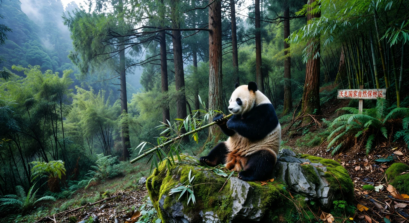 A wild giant panda (*Ailuropoda melanoleuca*) forages on arrow bamboo amidst the misty, high-altitude forests of the Qionglai Mountains circa 1985. This period represented a pivotal era for wildlife preservation in China, characterized by the expansion of the Wolong National Nature Reserve and the formalization of modern international conservation partnerships. The lush landscape of ancient Dawn Redwoods and moss-covered karst limestone illustrates the unique temperate ecosystem that has served as a sanctuary for this iconic species for millennia.