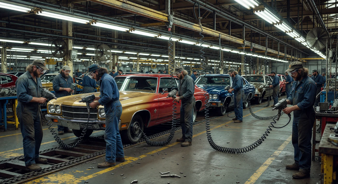 This scene captures the intense atmosphere of the General Motors assembly plant in Oshawa, Ontario, during the 1972 production year. Workers equipped with pneumatic impact wrenches and period-correct safety gear are seen mounting doors onto Chevrolet Chevelle chassis, a staple of the North American automotive boom. This image reflects the peak of the industrial era in Canada, where the integration of specialized labor and heavy machinery transformed the Great Lakes region into a global manufacturing powerhouse.