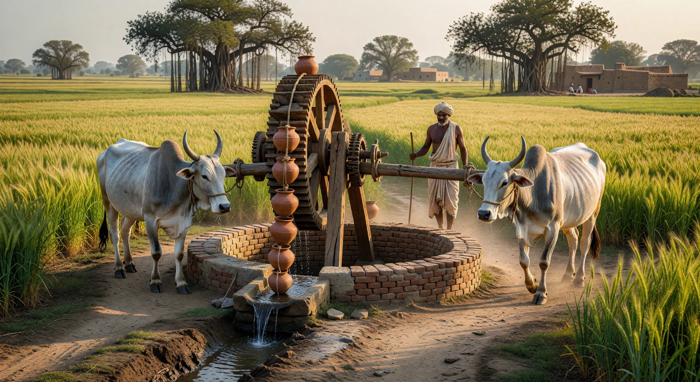 In this 13th-century scene from the Punjab plains, a pair of humped Zebu cattle power a wooden Persian wheel, or *araghatta*, to lift water from a brick-lined well for irrigation. This sophisticated mechanical gear system became a hallmark of agricultural technology during the Delhi Sultanate, significantly increasing the productivity of wheat and sugarcane fields. The farmer's simple cotton dhoti and the use of terracotta vessels reflect the traditional materials and labor-intensive practices that defined rural life in medieval South Asia.