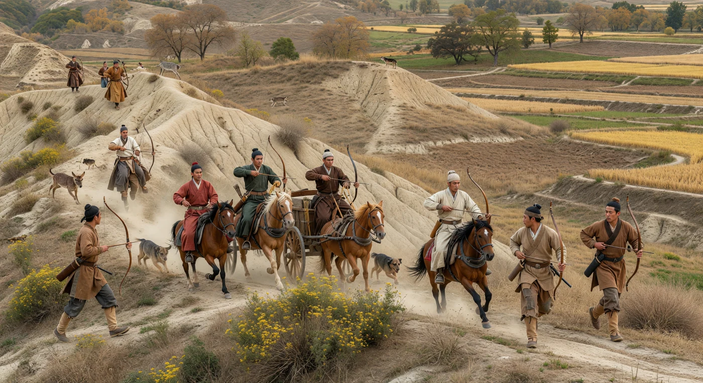 A Zhou aristocratic hunting party crosses the dry loess hills of northern China in the Spring and Autumn period, around 650–500 BC, with a light two-horse chariot, saddleless riding horses, and foot archers pursuing a sika deer through scrub, woodland patches, and terraced millet fields. The figures’ belted cross-collared robes, simple leather footwear, composite bows, and bronze-fitted harness reflect the material culture of Eastern Zhou elites, when chariots still signaled rank even as more mobile hunting and warfare were adapting to rougher terrain. Set in the semi-arid Yellow River basin, the scene evokes the seasonal rhythms, aristocratic pastimes, and mixed agricultural frontier landscape of early Iron Age North China.