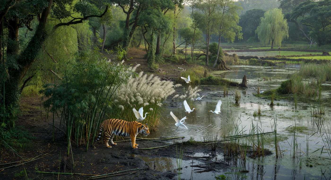 Een Zuid-Chinese tijger sluipt laag door een dicht bamboemoeras aan de benedenloop van de Jangtse, zijn poten wegzakkend in donkere modder terwijl witte reigers opschrikken uit het riet en ondiepe water. Dit landschap weerspiegelt het zuiden van China in de late Strijdende Staten-periode en de vroege Westelijke Han, toen natte rijstbouw wel begon door te dringen, maar grote zones van moeras, bamboe en loofbos nog intact bleven. De scène toont een grensgebied waar vroege boerenpercelen en wilde wetlands naast elkaar bestonden, en waar roofdieren als de tijger nog deel uitmaakten van een rijke, vochtige rivierwereld.