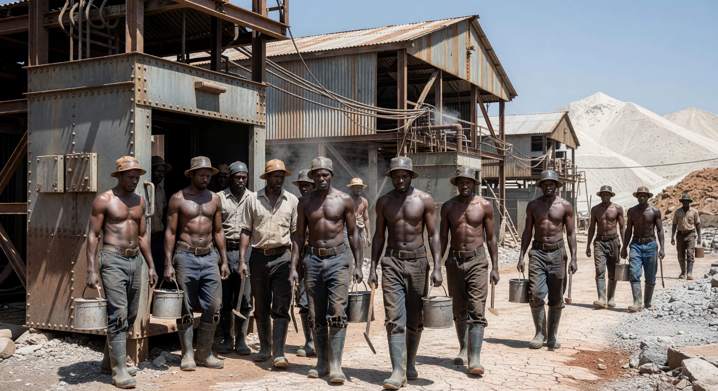 Zulu and Xhosa miners, their skin dusted with grey quartz, emerge from a riveted steel elevator cage after a shift in a Witwatersrand gold mine during the late 1930s. Clad in period-accurate rubber gumboots and protective leather skullcaps, these laborers formed the backbone of South Africa's industrial economy under the colonial migrant labor system. The backdrop of corrugated iron sheds and massive white cyanide tailing piles illustrates the stark, high-contrast environment of Johannesburg's mining landscape during the interwar years.
